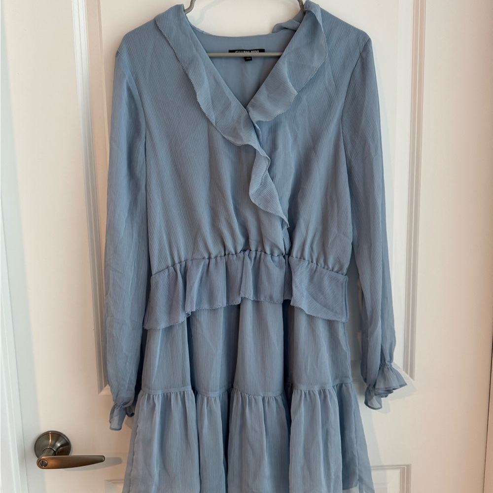 Gianni Bini Light Blue Ruffle V-Neck Long Sleeve Dress